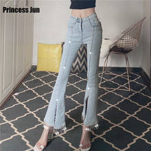 Women Skinny Jeans New Sexy High Waist Fashion Thin Flared Denim Pants Heavy Blingbling Beaded Rhinestones Tassel Split Pants 2024 - buy cheap