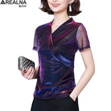 Blusa de malla con gradiente brillante para mujer, blusa de oficina a la moda, con cuello en V, Tops y pantalones cortos para mujer de talla grande 2019 2024 - compra barato