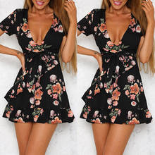 2021 Women Dresses Sexy V Neck Floral Print Short Sleeve Ruffle Dress Fashion Summer Beach Dress Date Party Shopping Vacation 2024 - buy cheap