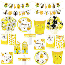 Decoração para festa de aniversário de abelha, conjunto de talheres descartável, abelha, guardanapo amarelo, prato, copo, balões, crianças, abelha, chá de bebê 2024 - compre barato