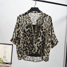 Leopardo chiffon blusa feminina 2021 design de moda com decote em v batwing-mangas compridas solta oversized puxa define outwear topos 2024 - compre barato