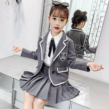 Girls Kids  Outfit Clothes Set Gray School Formal Western Suit Pleated Skirt For Uniforms For 4 5 6 7 8 9 10 11 12  Years 2024 - compre barato