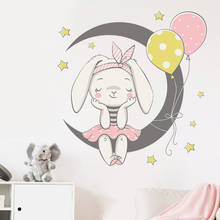 Pegatinas bonitas con diseño de globo y luna de conejo para habitación de niños, calcomanías de pared para bebé, gato, flor rosa, decoración del hogar para habitación de niña 2024 - compra barato