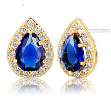  Yellow Gold Color Teardrop Dark Blue CZ Stud Earrings For Women Girls Wedding Party Vintage Luxury Jewelry Aros Aretes Kolczyki 2024 - buy cheap