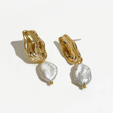 Peri'sbox Large Flat Freshwater Pearl Drop Earrings for Women Gold Color Metal White Baroque Pearl Earrings Jewelry Hot Selling 2024 - buy cheap