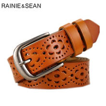 RAINIE-Cinturón de piel auténtica para mujer, piel de vaca ahuecada, con hebilla de Pin, marrón, rojo y negro 2024 - compra barato