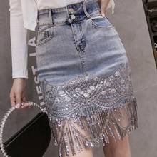 Sequins Patchwork Embroidery Jeans Skirt Women Elegant Fashion High Waist Sequin Fringe Skirt Office Lady Work Mini Denim Skirts 2024 - buy cheap