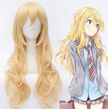 Anime peruca longa sua mentira em abril miyazono kaori dourado longo encaracolado peruca cosplay traje resistente ao calor do cabelo sintético 2024 - compre barato