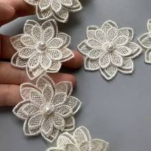 12x 5cm Ivory Double Layered Pearl Beaded Leaf Flower Embroidered Lace Trim Ribbon Fabric Patchwork Wedding Dress Sewing Craft 2024 - buy cheap