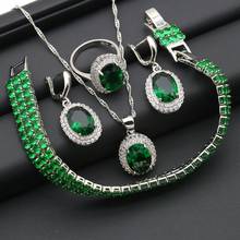 Conjunto de joyas clásicas de plata 925 y cristal verde para mujer, pendientes de boda, pulsera, colgante, collar, anillo, caja de regalo gratis 2024 - compra barato