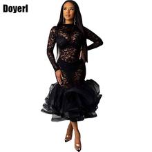 Sheer Lace Sexy Dress Women Club Layered Ruffle Organza Lace Floral Midi Bodycon Dress Bandage Black Elegant Evening Party Dress 2024 - buy cheap