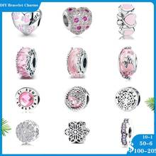 Pingente prata esterlina 925 flor rosa em flocos de nece, contas diy adequadas para pulseira pandora original joia feminina 2024 - compre barato