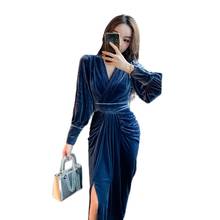 Autumn Maxi Dresses One piece Korea Ladies Blue long sleeved v-neck velvet Party dress for women clothing 2024 - buy cheap