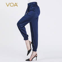 VOA Satin 19m/m Silk Sea Blue Lace-up Beef Tendon Waist Casual Joggers Women Elastic Nine-point Leggings Cargo Pants Women K3885 2024 - buy cheap