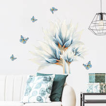 Água pintada cor azul branco flores adesivos removível pvc borboleta decalques de parede decoração para casa arte decalque da parede mural 2024 - compre barato