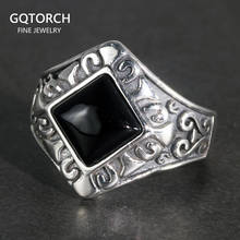 Solid 925 Sterling Silver Retro Punk Women Rings With Natural Black Agate Square Stone Engraved Antique Flowers 2024 - buy cheap