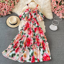 JSXDHK-vestido bohemio elegante para mujer, vestido de verano a la moda, con tirantes finos, estampado de flores, manga acampanada, rojo, 2021 2024 - compra barato