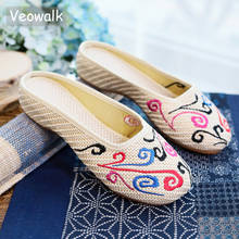 Veowalk Handmade Summer Vintage Women's Slippers Chinese Embroidery Soft Sole Casual Shoes Woman Outside Breathable Flat Slipper 2024 - buy cheap