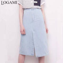 LOGAMI High Waist Knee Length Denim Skirts Womens Midi A-Line Jeans Skirt Split Casual Skirt Light Blue 2024 - buy cheap