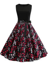 Vestido de verano Vintage sin mangas con estampado de notas musicales, cuello redondo, informal, Swing, para fiesta, Retro, 2021