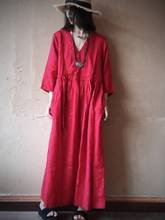 Women Solid Color V Neck Linen Dress Ladies Loose Retro Flax Dresses Female 2022 Summer Autumn Dress 2024 - buy cheap