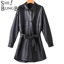 SheBlingBling Autumn And Winter New Women European And American Loose Mid-Length PU Leather Jacket Motorcycle Jacket Windbreaker 2024 - buy cheap