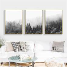 Preto e branco nebuloso floresta arte da parede da árvore posters impressão natureza paisagem pintura da lona nordic imagem da parede sala de estar decoração 2024 - compre barato