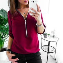 Blusa informal con cremallera para mujer, camisa femenina con cuello en V, estilo europeo, ropa de otoño 2024 - compra barato