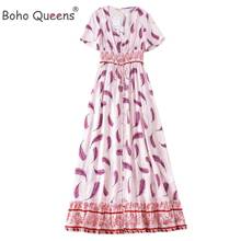 Boho Queens Feather Print Tassel Maxi Dress Women Single Breasted Rayon Bohemian Dresses Ladies V Neck Summer Pleated Dress 2024 - buy cheap