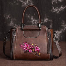 Real Cowhide Tote Handbag Female Bags Floral Pattern National Style Vintage Design Women Genuine Leather Messenger Shoulder Bag 2024 - buy cheap