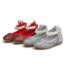 Sapatos de couro com lantejoulas e pérolas, sapatos da moda para meninas, com gravata borboleta, para crianças, tênis baix017, prata 2024 - compre barato