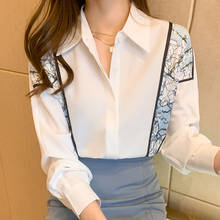 Blusa branca de manga comprida estampada com camisa chiffon, camisa feminina com gola virada para baixo, blusa de escritório e262, 2021 2024 - compre barato