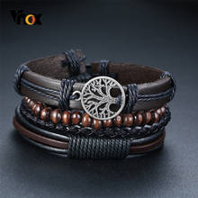 Pulseira de couro trançado vnox para homens, braceletes rústicos, tribais, étnicos com contas de madeira, 3 ou 4 peças 2024 - compre barato