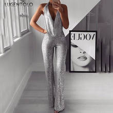 sexy Jumpsuit women sleeveless Sequin V-neck elegant party silver solid Wide leg pants ladies long Jumpsuits  Lugentolo 2024 - buy cheap