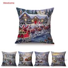 Beautiful Christmas Eve Scenery Oil Painting Reindeer Santa Claus Gift Oil Painting Sofa Pillow Case Xmas Decor Cushion Cover 2024 - buy cheap