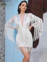 IDress 2022 Ladies Sheer Sparkling Sequin Tassels Fringe Dress Silver Long Sleeve Ballroom Samba Tango Stage Latin Dance Dress 2024 - buy cheap