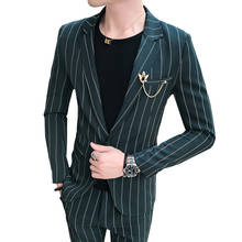 Spring Single Button Small Suit Pants Men's Stripe Slim Fit Blazers Jacket Trousers  Striped Male Casual Handsome Two Piece Set 2024 - buy cheap