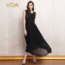 VOA-Vestido largo plisado de seda para mujer, vestido elegante de verano de 12 m/m con cuello redondo, negro, verde, sin mangas, empalme de encaje, cintura media, A211 2024 - compra barato