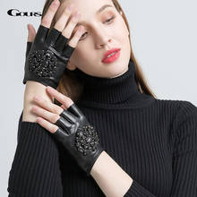 GOURS Fall and Winter Women Real Leather Gloves Black Genuine Goatskin Fingerless Gloves Fashion Rhinestones Warm New GSL011 2024 - buy cheap