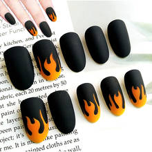 Fire flame unhas falsas, pontas de arte de unhas pretas, foscas, com cola, cobertura completa, amuletos de manicure, 24 peças 2024 - compre barato