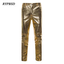 Fashion Skinny Leather Pants Men Brand Slim Fit Shiny Gold Silver Streetwear Stage Pants for Singers Zipper PU Leather Trousers 2024 - buy cheap