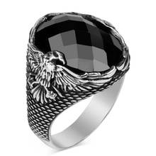 Anillo de Plata de Ley 925 con piedra de circonita negra para hombre con águila en aumento, anillo de Zirconia con cara cortada para hombre, anillo de plata 2024 - compra barato