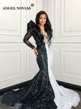 Long Sleeves Mermaid Black and White Lace Prom Dresses 2022 African Formal Party Gown robes de soiree 2024 - buy cheap