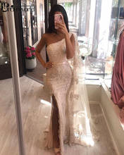 Sexy Lace Mermaid Evening Dresses 2021 Champagne Beads Appliques Side Slit One Shoulder Dubai Arabic Long Formal Evening Gowns 2024 - buy cheap