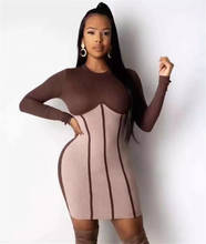 Women Autumn Sexy Long Sleeve Khaki Patchwork Striped Brown Mini Bodycon Bandage Dress 2021 Elegant Evening Party Dress Vestidos 2024 - buy cheap