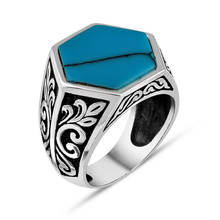 Men Silver Ring With Hexagon Blue Raw Turquoise Stone With Branch Motif Made In Turkey Solid 925 Sterling Silver 2024 - buy cheap