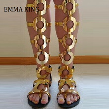 Summer Women Knee High Boots Gladiator Sandals Back Zipper Gold Circle Hollow Out Flat femmes sandales Boots Shoes Woman 2021 2024 - buy cheap