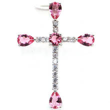 42x30mm Anniversary 3.8g Cross Mosaic Gemstone Created Pink Tourmaline CZ Women Real 925 Solid Sterling Silver Pendant 2024 - buy cheap