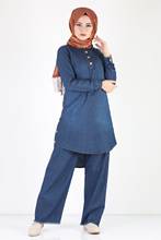 Button Denim Tunic Pants Team Tsd1041k Blue each size have Casual 2 piece SET Muslim women Dubai Turkish Islamic clothing 2024 - compra barato