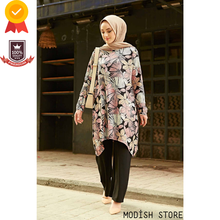 Crew-Nec Asymmetric Flowerd Muslim Woman Set |Tunic Pants| Ramadan Dubai Abaya Turkey Muslim Clothes Hijab Islam Suit 2024 - buy cheap